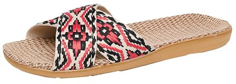 Lazzboy Hausschuhe Damen Badeschuhe Leinenhausschuhe Sommer - Schlappen Kreuz-Hausschuhe Leichte rutschfest Sandals Latschen Outdoor Sandalen Badeschlappen Strand Leicht Schuhe (Rot,39)