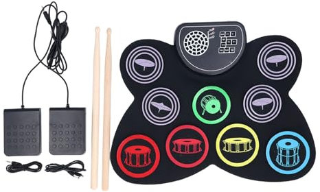 Elektrisches Schlagzeug-Pad, Tragbares Roll-Up-Drum-Kit mit Stereo-Lautsprechern, 10 Stunden Spielzeit, 7 Töne Zum Üben, Silikon-ABS-Material, 3,5-mm-Kopfhörerausgang,