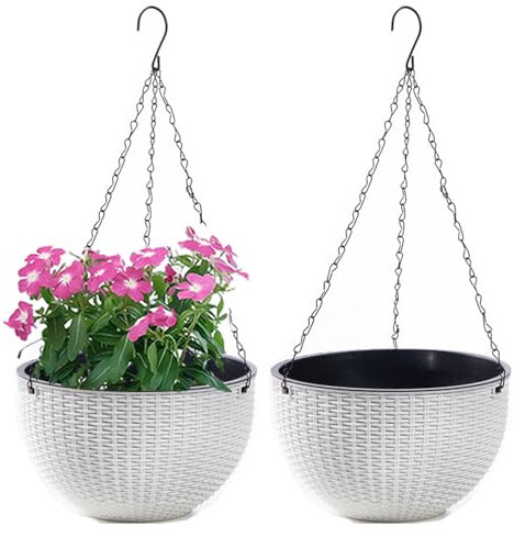 WOWEI 2 Piezas Macetas Colgantes para Plantas con Almacenamiento de Agua y Orificio de Drenaje Macetas de Autorriego Cesta Colgante Flores Suculentas Con Cadenas Inoxidables (Blanco, L)