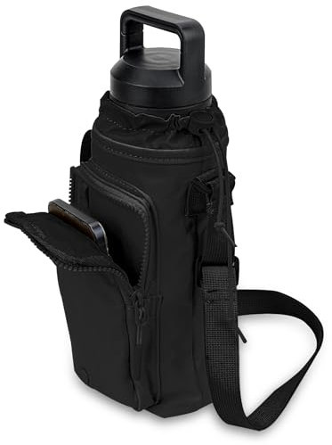 Linkidea Sac pour Bouteille d'eau avec Pochette pour téléphone, Compatible avec Owala FreeSip 24 oz/32 oz, Bouteille d'eau Yeti Rambler 26 oz/36 oz, avec bandoulière (Noir)