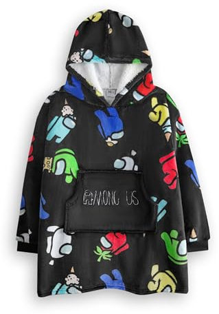 Among Us Jungen Tragbare Decke Hoodie | Kinder Kapuzen-Fleece-Pullover in Schwarz mit Mehrfarbigen Crewmates & Imposter Charakter Allover-Print | Sherpa Gefütterte Loungewear Mystery Gamer