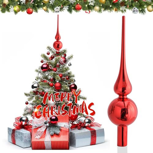 Hukermoon Weihnachtsbaumspitze Glas Matt, 26 cm Christbaumspitze, Weihnachtsbaum Stern Spitze, Christbaumschmuck Spitze, Christmas Tree Topper, Weihnachtsdeko Baumspitze, Tannenbaumspitze (Rot)