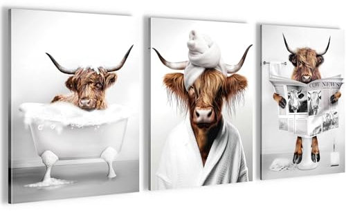 Novart Wandbilder Set Lustige Tiere Bulle - KOMPLETT AUFHÄNGFERTIG - Schlafzimmer Flur Badezimmer Deko - 3 Moderne Bilder Bulle Badewanne - N032935a