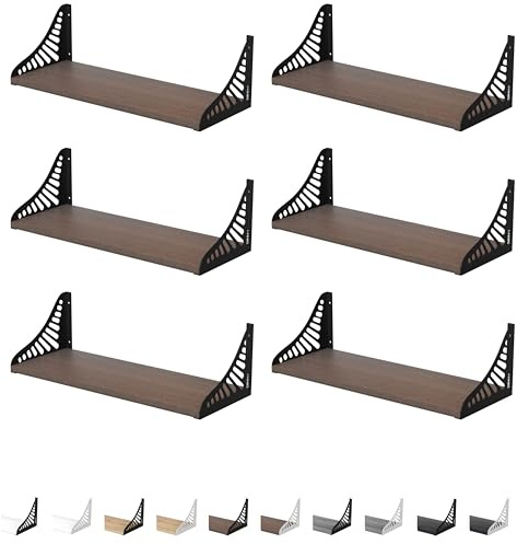 DINIAL Wall Mounted Floating Shelves for Wall Set of 6, Shelf Bookshelf for Bedroom Living Room Office Bathroom Kitchen Rustic Wood with Metal Bracket 04SH-06 (Dark Brown/Black Brackets)