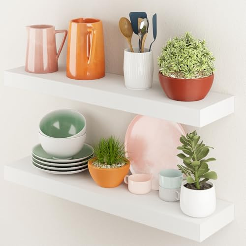 BAMEOS White Floating Shelves - 60cm x 15cm - Wall-Mounted Decorative Shelves, Set of 2, Suitable for Bathroom, Kitchen, Living Room, Bedroom Storage