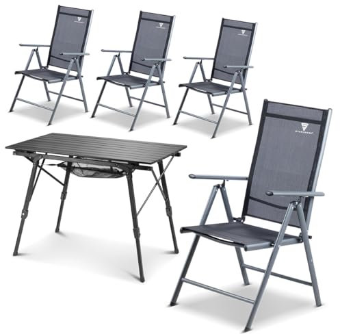 STAHLWERK Gartenstuhl 4er Set mit Tisch, Armlehne & Verstellbarer Rückenlehne | Klappstuhl | Klappsessel | Hochlehner | Terrassenstuhl | Anglerstuhl | Balkonstuhl | Campingstuhl | CS-103 ST