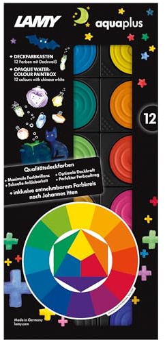 Lamy Deckfarbkasten aquaplus black mit 12 Farben - ideal für den Schulunterricht - mit Farbkreis nach Johannes Itten & Deckweiß - Mischfelder im Deckel