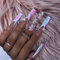 24pcs Long Press on Nails French Tip False Nails Blue Pink Flower Fake Nails Rhinestone Stick on Nails Removable Glue-on Acrylic Nail Tips Spring Accessories for Women