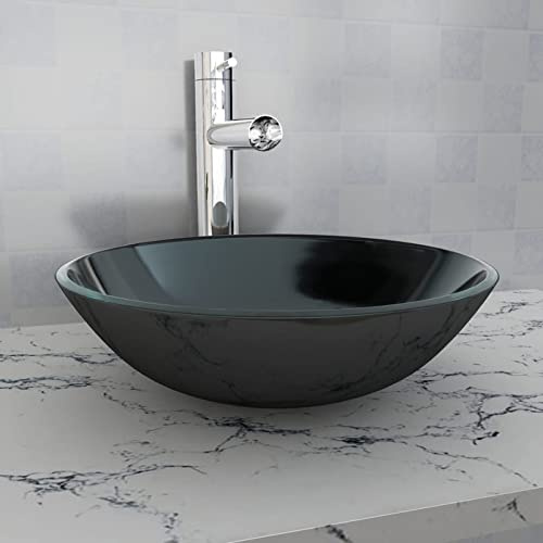 Gecheer Lavandino in Vetro Temperato 42 cm Nero,Lavabo da Bagno Appoggio,Lavandino d'Appoggio,P142231