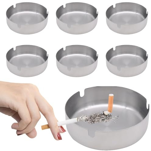 6 Pieces 10 cm Round Stainless Steel Ashtrays, Ashtrays for Outdoor Use, Large, Modern Tabletop Ashtray, for Indoor, Restaurant, Bedroom, Living Room