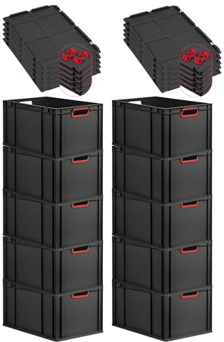 PROREGAL SparSet 10x Eurobox NextGen Color mit Auflagedeckel & Schiebeschnappverschlüsse, HxBxT 32x40x60cm, 65L, Schwarz, Griffe rot offen,Eurobehälter, Transportbox, Transportbehälter
