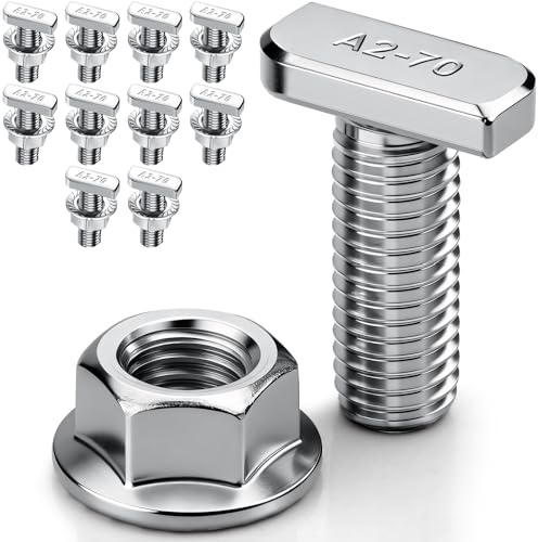 10 tornillos de cabeza de martillo M10 x 30 de acero inoxidable, tornillos de cabeza de martillo con tuercas de bloqueo, tuercas de brida M10, tornillos para rieles de montaje fotovoltaicos