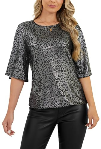 YUTILA Damen Glitzer Bluse – Pailletten Oberteil mit Rundhals, Lockeres Party Top für Abend, Festlich & Freizeit