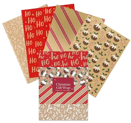 8 sheets of christmas wrapping paper - tradtional brown kraft effect christmas wrapping paper set - wrapping paper sheets - 8 x 50cm x 70cm sheets - flat pack xmas paper.