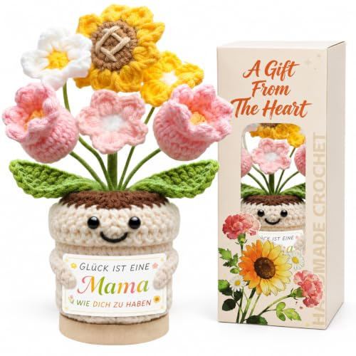 Gehäkelte Blume für Mama – Sonnenblume & Tulpe im Topf mit Geschenkbox, Muttertagsgeschenk für Mama von Tochter & Sohn, Pocket Hug Mutter Geschenk für Geburtstag Muttertag Weihnachten Neujahr