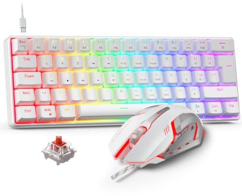 Rewurnth Gaming Keyboard and Mouse Set, 60% Compact UK Layout Mini Mechanical Keyboard with RGB Backlit, Red Switch, USB-C Wired, Ergonomic 4-Color LED Gaming Mouse, Portable Set for PC Mac Xbox PS5