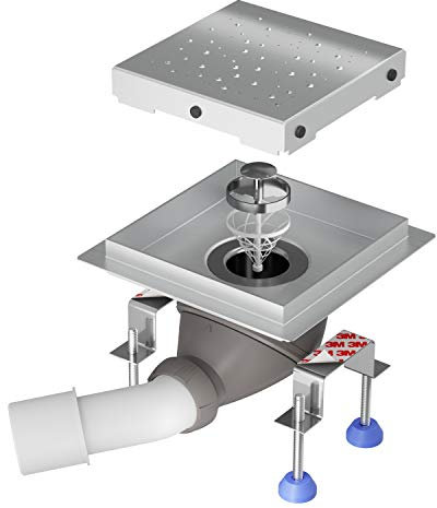 Nordona® Edelstahl Bodenablauf/Duschablauf Point Basic mit Haarsieb | NPB | Größe: 15x15 cm cm | Inkl. Blende, Design: Regen, 360° Siphon und Montagezubehör