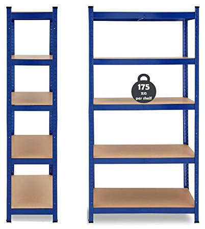 150cm x 70cm x 30cm 5-Tier Shelf, Steel & MDF Boltless Shelves, 875kg Total Capacity/175kg Per Shelf Garage Shed Storage Shelving Units, 3 Year Warranty (Blue)