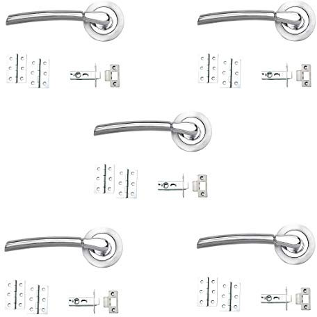 IRONZONE® 5 Sets Andalusia Style Modern Chrome Door Handles on Rose with Dual Finish Door Lever Latch Pack, Suitable for 35-44 mm Doors, for Home or Commercial Properties, Internal Door Handles