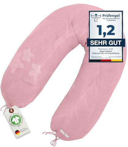 Minky Mooh Stillkissen XXL Bio Baumwolle mit Kapok Füllung | großes Kissen zum Stillen und Flasche geben | Schwangerschaftskissen Seitenschläferkissen | antiallergisch und leise | 190x30 cm, Rosa