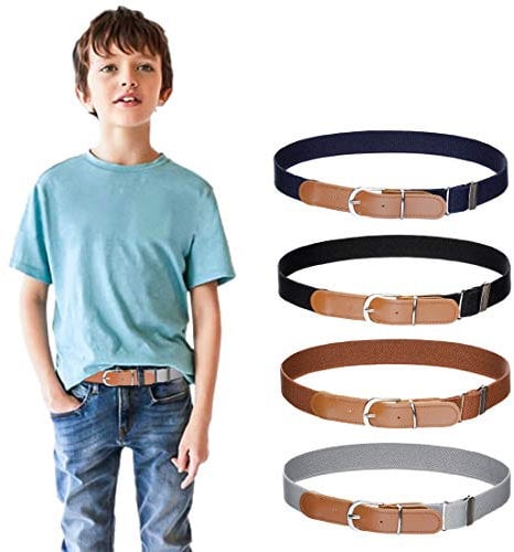 4 Stück Jungen Mädchen Elastischer Gürtel - Verstellbarer Schnallengürtel mit Leder für Kinder von 3-15 Jahren (Marineblau/Schwarz/Braun/Grau)
