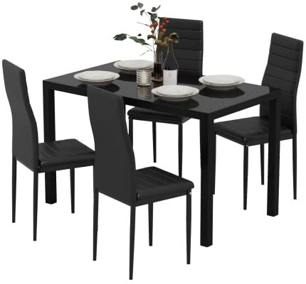 Jooli H Black Dining Table and Chairs Set 4, Glass Kitchen Table with 4 Faux Leather Upholstered Metal Chairs Modern Dining Room Sets for Home