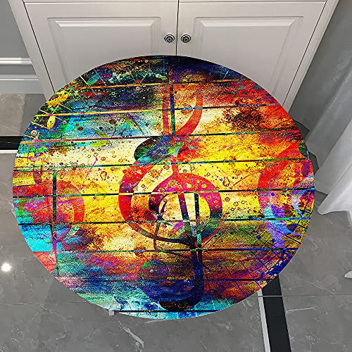 Morbuy Tischdecke Elastisch, 3D Musik Note Drucken Rund Tischdecken Wasserdicht Lotuseffekt Abwaschbar Abwischbar Tischtuch für Dekoration Küchentisch Garten Outdoor (120cm,Retro)