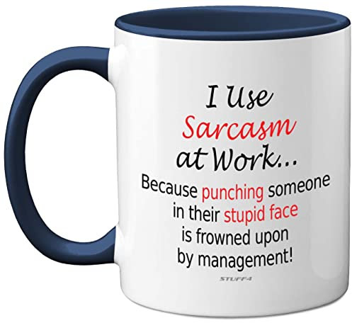 Funny Mugs - I Use Sarcasm at Work - Desk Novelty Mugs for Colleagues, Secret Santa, Christmas Birthday Gifts, 11oz Dishwasher Safe Navy Handle Mug