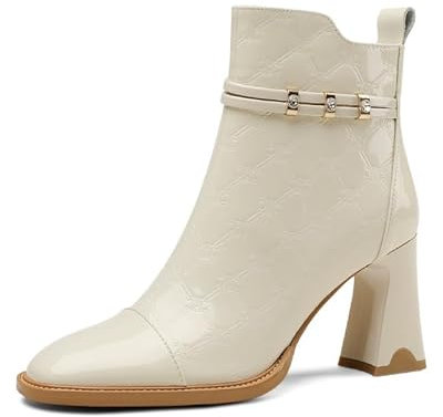 JIEEME stivaletti da donna in vera pelle con tacco a blocco con tacco alto fatti a mano stivali corti da donna zd72-2s, beige., 40 EU