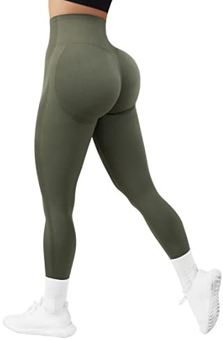 RXRXCOCO High Waist Sport Leggings Damen Lang Blickdicht Push Up Sporthose Scrunch Booty Gym Laufhose #7 Armeegrün（M）