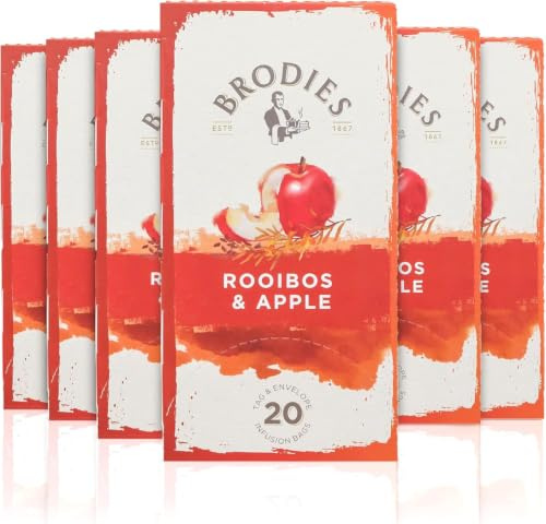 Brodies Rooibos and Apple Tag and Envelope - 6 Tea Boxes of 20 Tea Bags each (120 Tea Bags) - Infusion of natural nutty tase combined with the flavour of Apple. Caffeine Free
