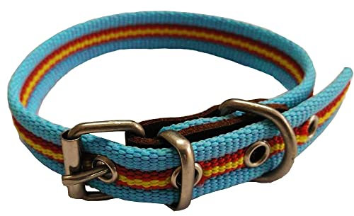 Collar de Perro Bandera de España de algodón Azul 25 cms | Collar Liso para Perro Pequeño/Gato | Collar de algodón. Resistente a tirones y climatología. Collar Azul Claro Rojo y Amarillo.