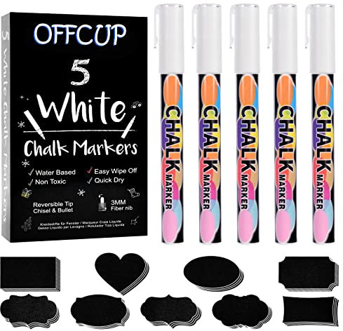 OFFCUP Whiteboard Marker Weiß, 5 Stück Weiße Kreidestifte, 3mm Glasstift für Tafel, mit 58 Aufklebern, Tafelstifte, Fensterstifte Feucht Abwischbare, Für Klassenzimmer, Wohnungen, Besprechungsräume