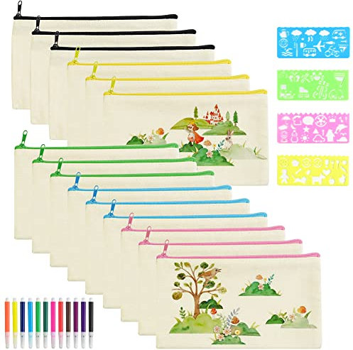 15 Stk Federmäppchen Blanko Schulmäppchen Mäppchen Diy Federtasche 5 Farbe Schlampermäppchen Stiftetasche zum Bemalen Stiftemappe Mäppchen Set mit 12 Aquarellstifte 4 Malschablone für Kinder