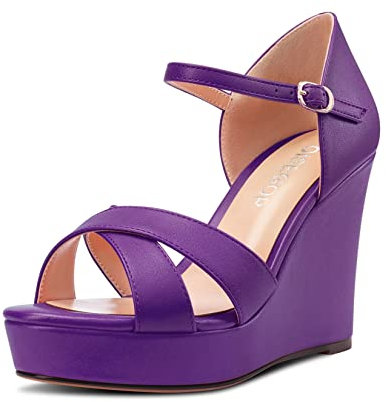 OISEGOP Donna Alto High Zeppa Piattaforma Tacco Heel Aperte sulla Punta Sandali Cinturino alla Caviglia Fibbia da Matrimonio Sexy Scarpe Viola Matte 38 EU