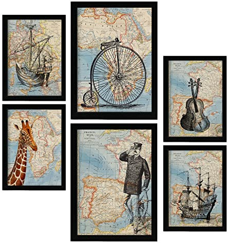 Nacnic Vintage Karten Postern. Topografische Karten im Retro-Stil von Europa, Afrika und Spanien in dezenten Farben. Innenarchitektur und Dekoration. A4 & A3 Schwarze Rahmen.
