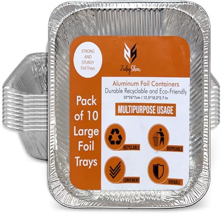 ZubyShax 10 Pack Disposable Aluminum Foil Trays - 32 * 26 * 7cm/3500ml Tin Foil Containers with Lids Ideal for Oven use, Food Storage,BBQ & Baking (Pack of 10-Without Lids- 32 * 26 * 7cm/3500ml)