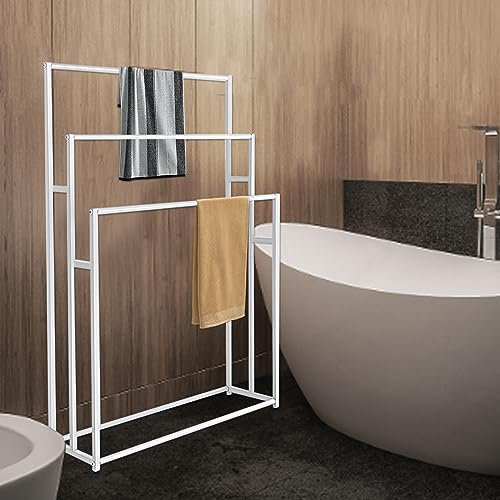Handtuchhalter Stehend Edelstahl Handtuch Ständer, 3-stufiger Towel Rack Handtuchständer Freistehend Anti-Rost Beschichtung Metall-Leiter-Handtuchhalter Badezimmermöbel, HxBxT: 110x75x25 cm (Weiß)