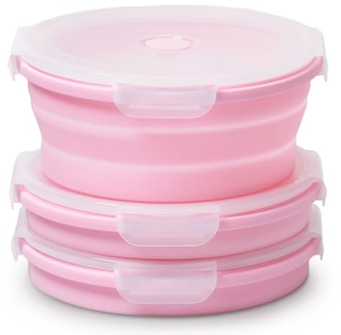 Vdomus Lot de 3 bols pliables avec couvercles, hermétiques et pliables en silicone pour les déplacements – Anti-fuite, passent au micro-ondes – Préparation des repas design peu encombrant – Rose, 1