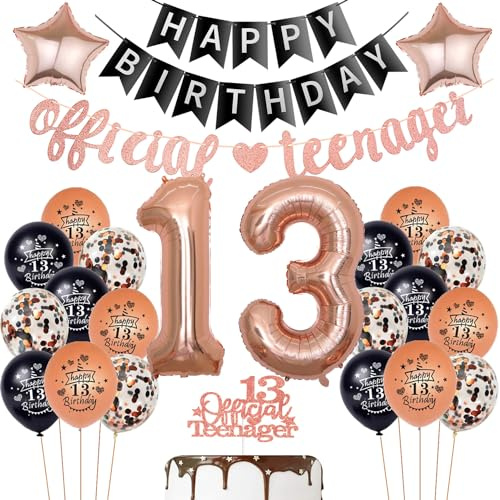 Offizielle Teenager 13. Geburtstag Dekoration für mädchen,Luftballon 13 Geburtstag mädchen deko rosegold schwarz, Schwarz Geburtstagsdeko 13 Jahre mädchen Ballon Teenager Deko