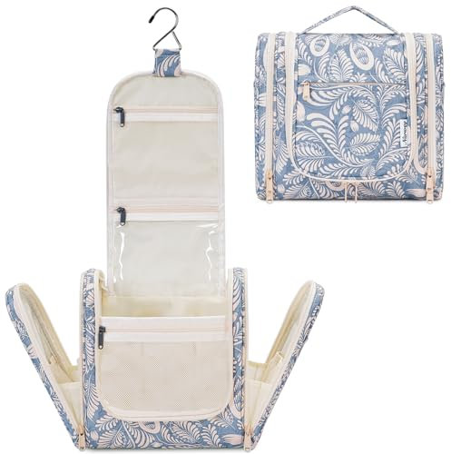 Kulturtasche Damen Zum Aufhängen Kulturbeutel Herren, Waschtasche Zum Aufhängen Damen Kosmetiktasche für Frauen & Mädchen (Blaues Blatt)