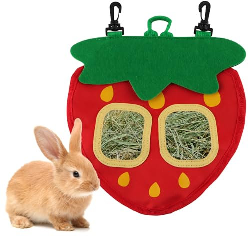 Heubeutel Meerschweinchen, dellyy Kaninchen Futterbeutel, Heutasche Meerschweinchen, Kleintier Futterspender, für Hase, Chinchilla, Hamster, Kleine Tiere, mit 2 Fenstern (Rot, 2)