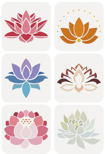 FINGERINSPIRE Lotusblüten-Malschablone, 15 x 15 cm, PET-Lotus-Symbole, Sprühschablone, wiederverwendbar, Lotusblüte, Thron, Wandschablone, kreative Aushöhlschablone zum Malen auf Holz, 6 Stück
