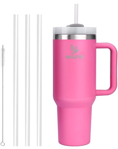 WALLFID 40oz Thermobecher aus Edelstahl, Vakuum-Isoliert mit Deckel, 3 Strohhalmen und 1 Strohhalm Bürste, Für Heiß- und Kaltgetränke, Ideal für Kaffee, Tee, Smoothies und Mehr(Rosa)