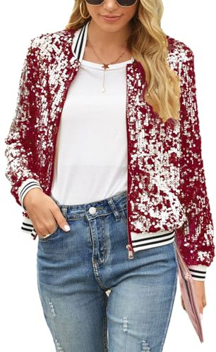 Naimo Chaqueta de mujer con lentejuelas brillantes de manga larga con cremallera abierta Blazer Sparkle Party Festival Metallic Bomber, rojo, XL