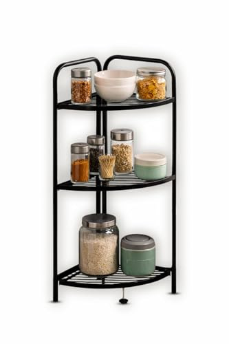 FEFE Corner Storage Shelf Aluminum Plant Pot Stand Storage Shelving, Bookshelf Shelving Display Unit For Bedroom Living Room Home - Black (3-Tier)
