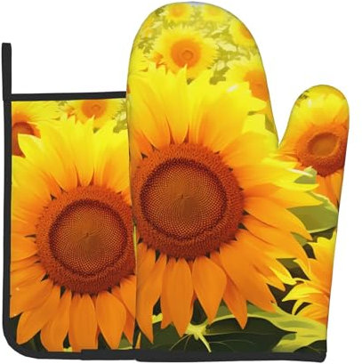 Ufuson Set di 2 guanti da forno e presine con stampa di girasole e presine, impermeabili, resistenti al calore, con passante per appendere