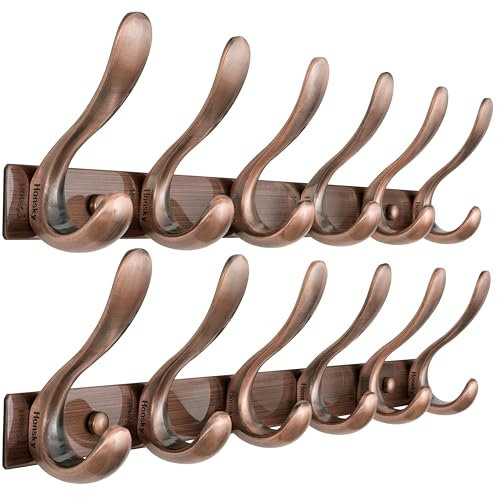 Honsky Garderobenhaken,Garderobenleiste,Wandgarderobe,Hakenleiste mit 6 Doppelte Haken,Hakenleiste Garderobe für Jacken,Mäntel,Schals,Braun Red(2 Stück)