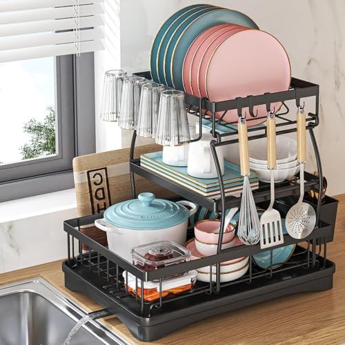 Draining Dish drainer rack 3 Tier, dish drying rack large, with Drip Tray Draining Board kitchen sink Counter, Cup Holder, stainless steel, Swivel Drain Spout for Dishes Knives Spoons (Black-3Tiers)
