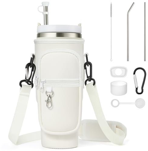 Enbagold Water Bottle Carrier Bag for Stanley Cup 40oz, Water Bottle Holder with Strap & Phone Pocket, Straw & Straw Brush & Straw Cover & Leak Proof Accessories and Carabiner Clip (Milky White)